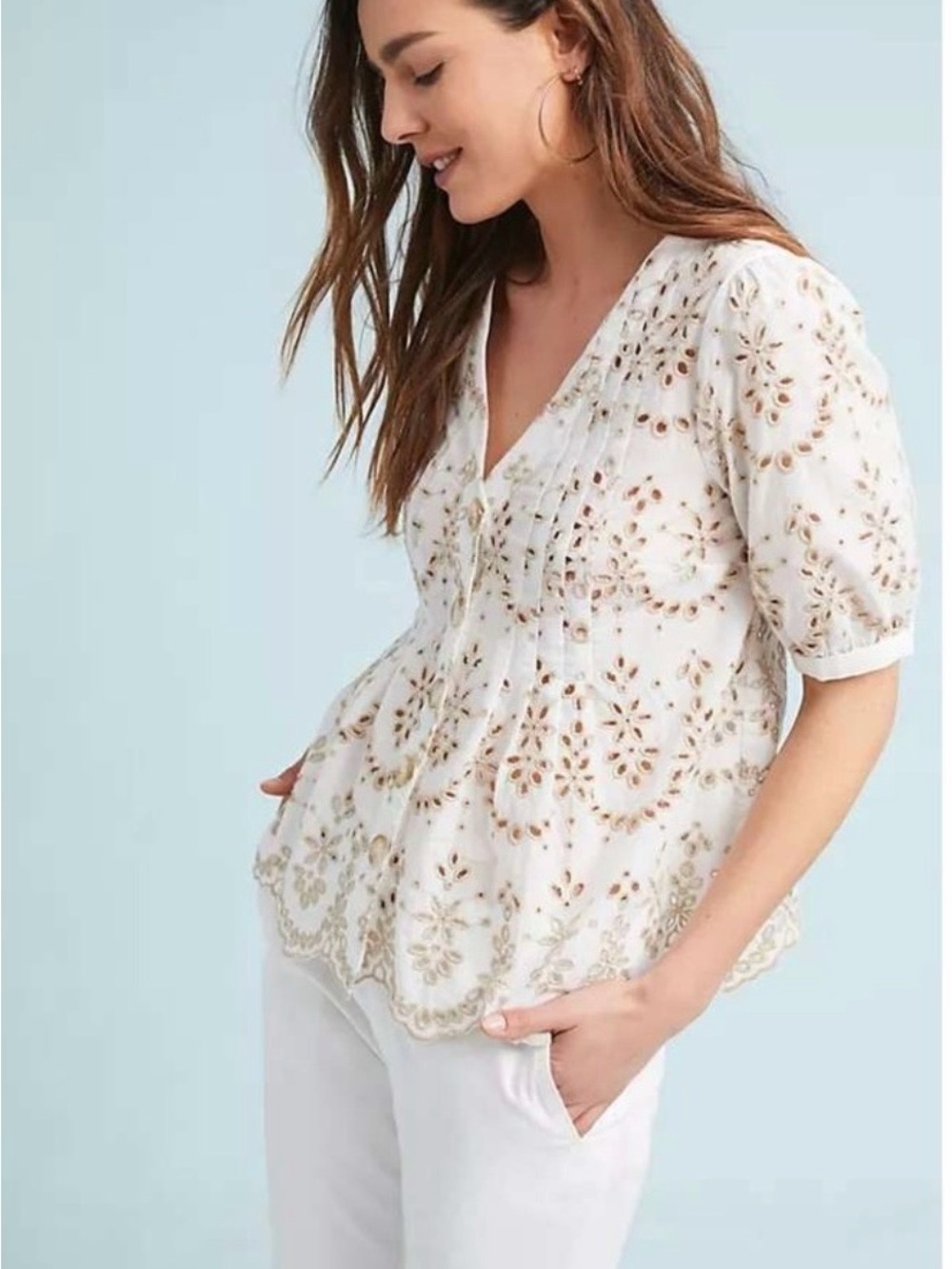 Anthropologie Eyelet Button-Front V-Neck - Picture 2 of 7